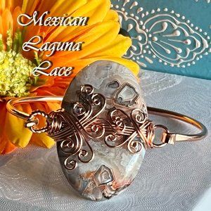 Mexican Laguna Lace Bangle Bracelet Cuff Handmade Gemstone Copper Wire Wrap New!